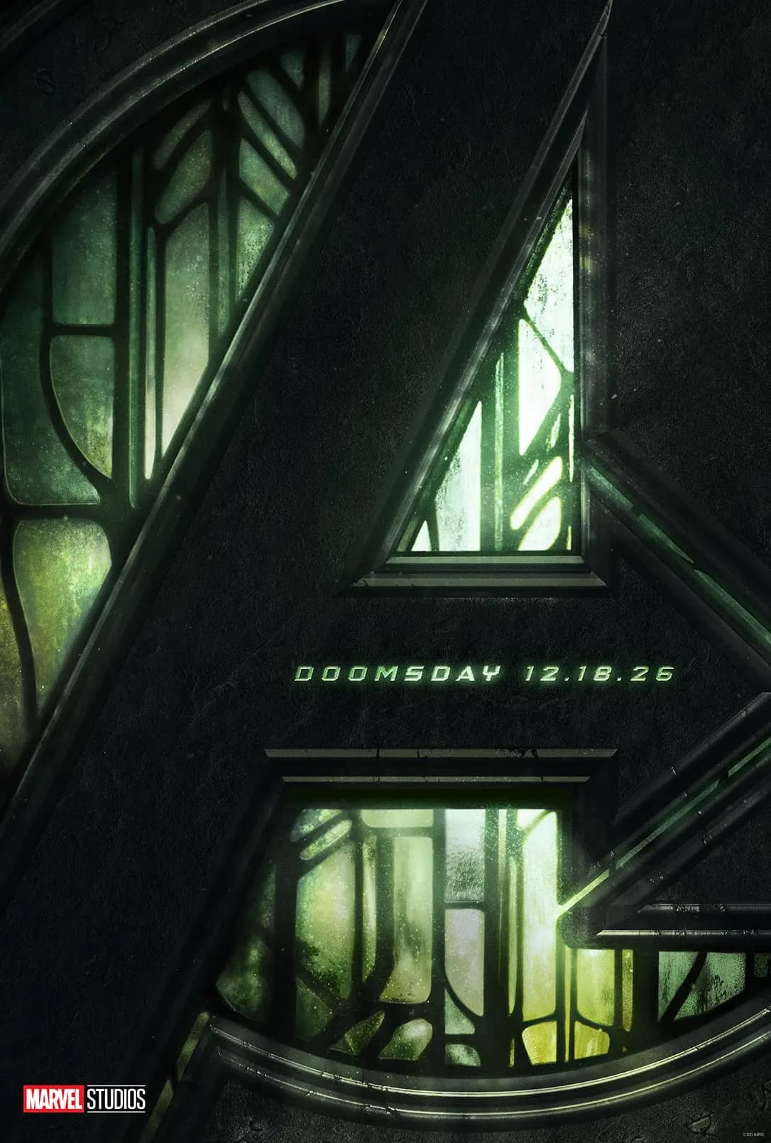Avengers: Doomsday teaser poster: a green stained-glass Avengers A