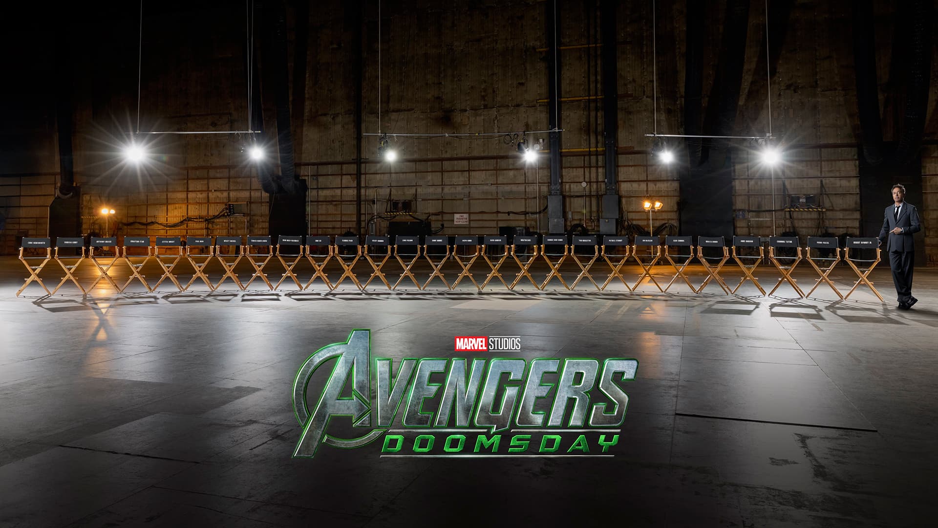 Official key art: a row of director's chairs with the Avengers: Doomsday logo