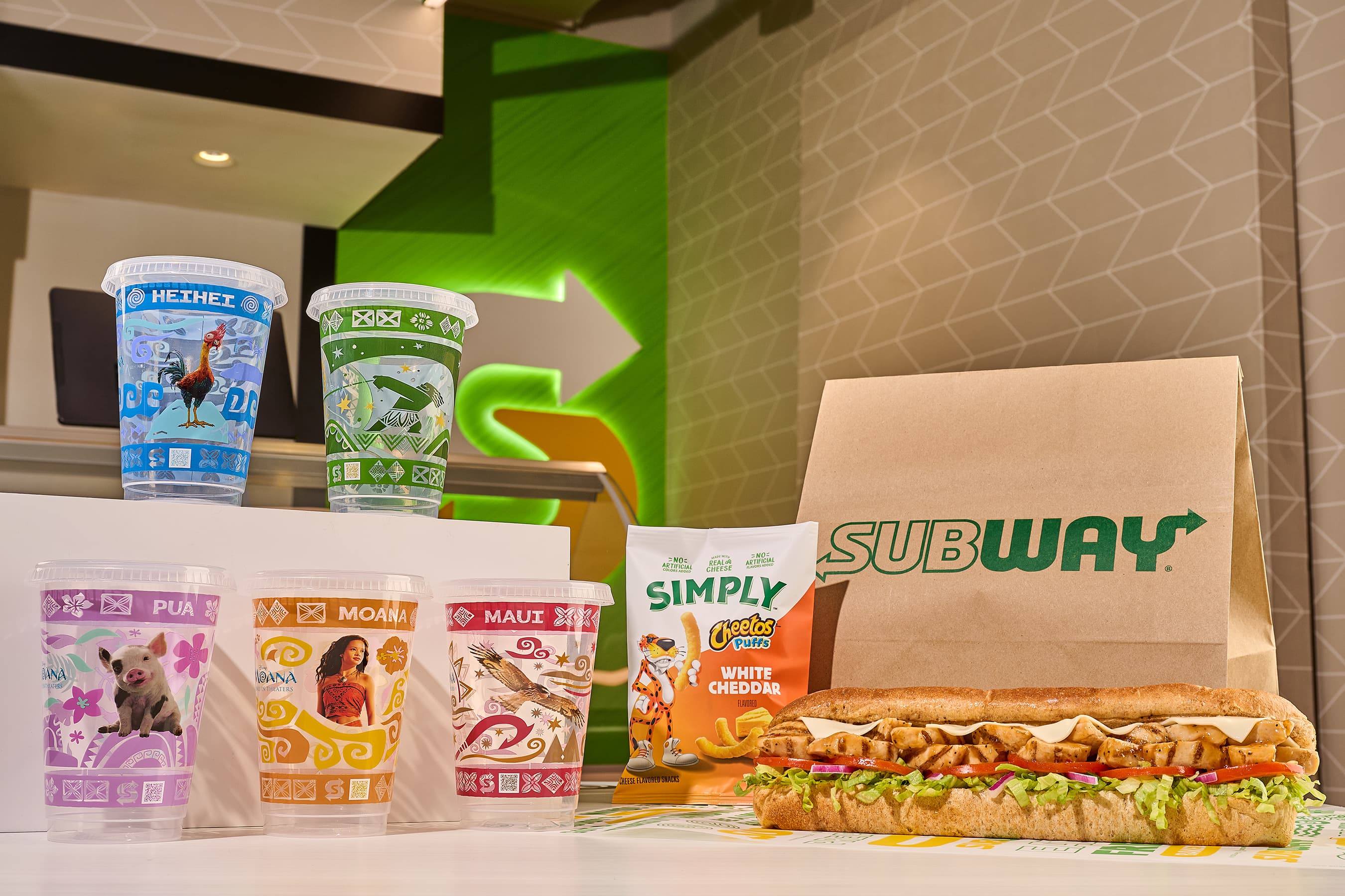 Subway press image of the Moana Movie Meal Deal with collectible character cups