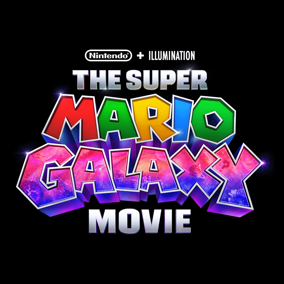 Official logo for The Super Mario Galaxy Movie in English and Japanese, with the Nintendo and Illumination marks