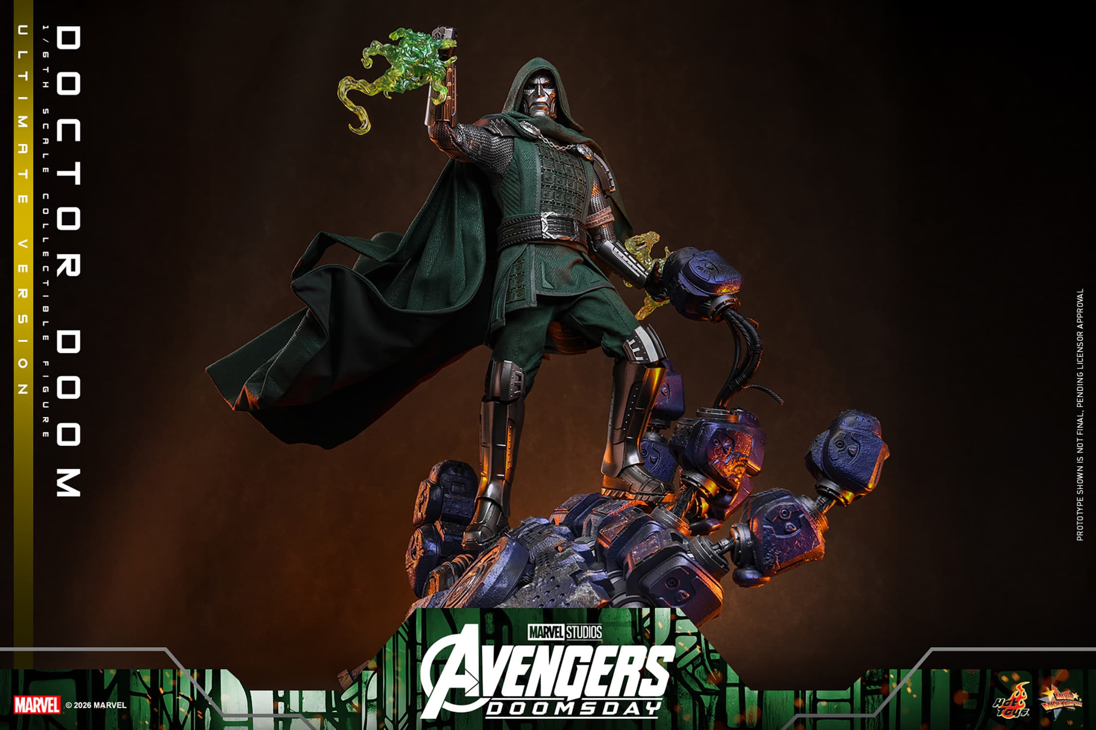 Hot Toys sixth-scale Doctor Doom prototype on a Sentinel-hand base